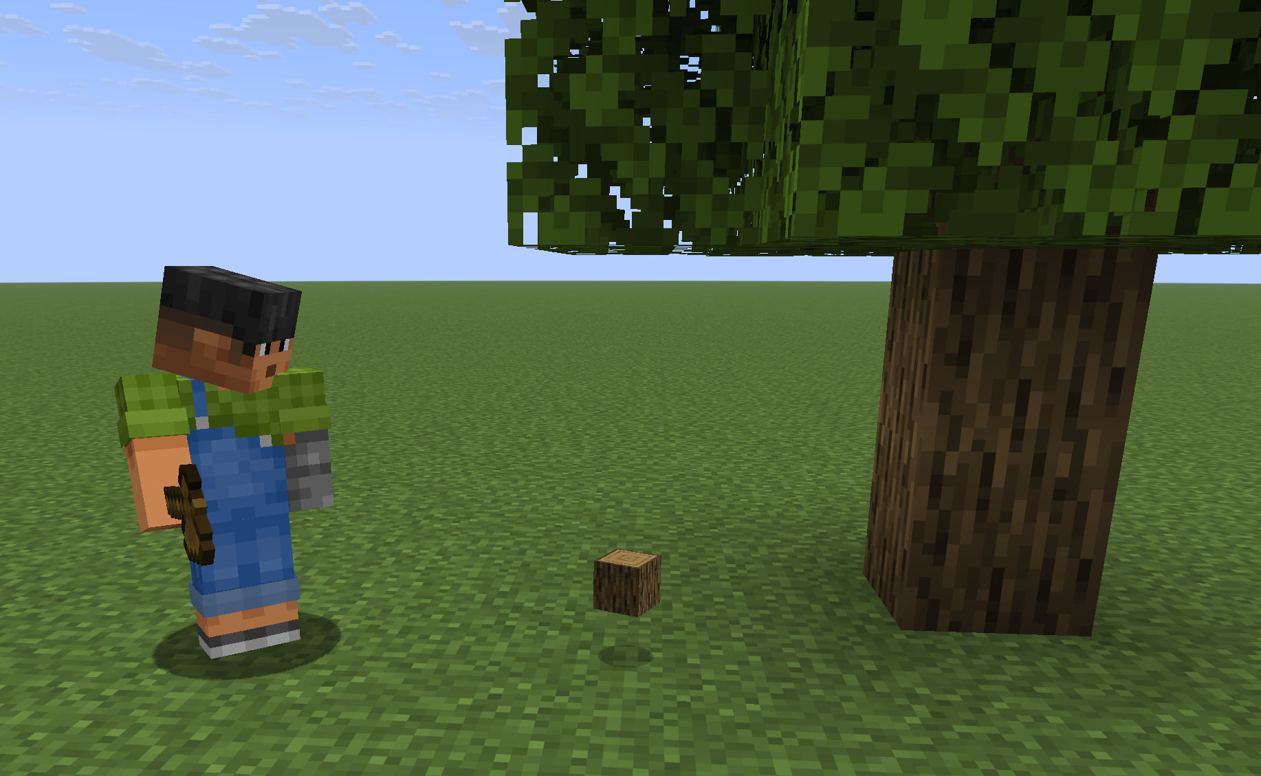 A loose oak log on the ground between the bot and a tree.
