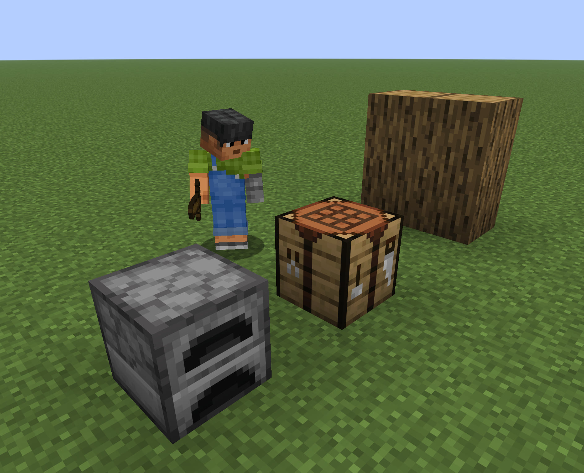 The bot beside a crafting table, a furnace and oak logs in a prepared crafting scene.