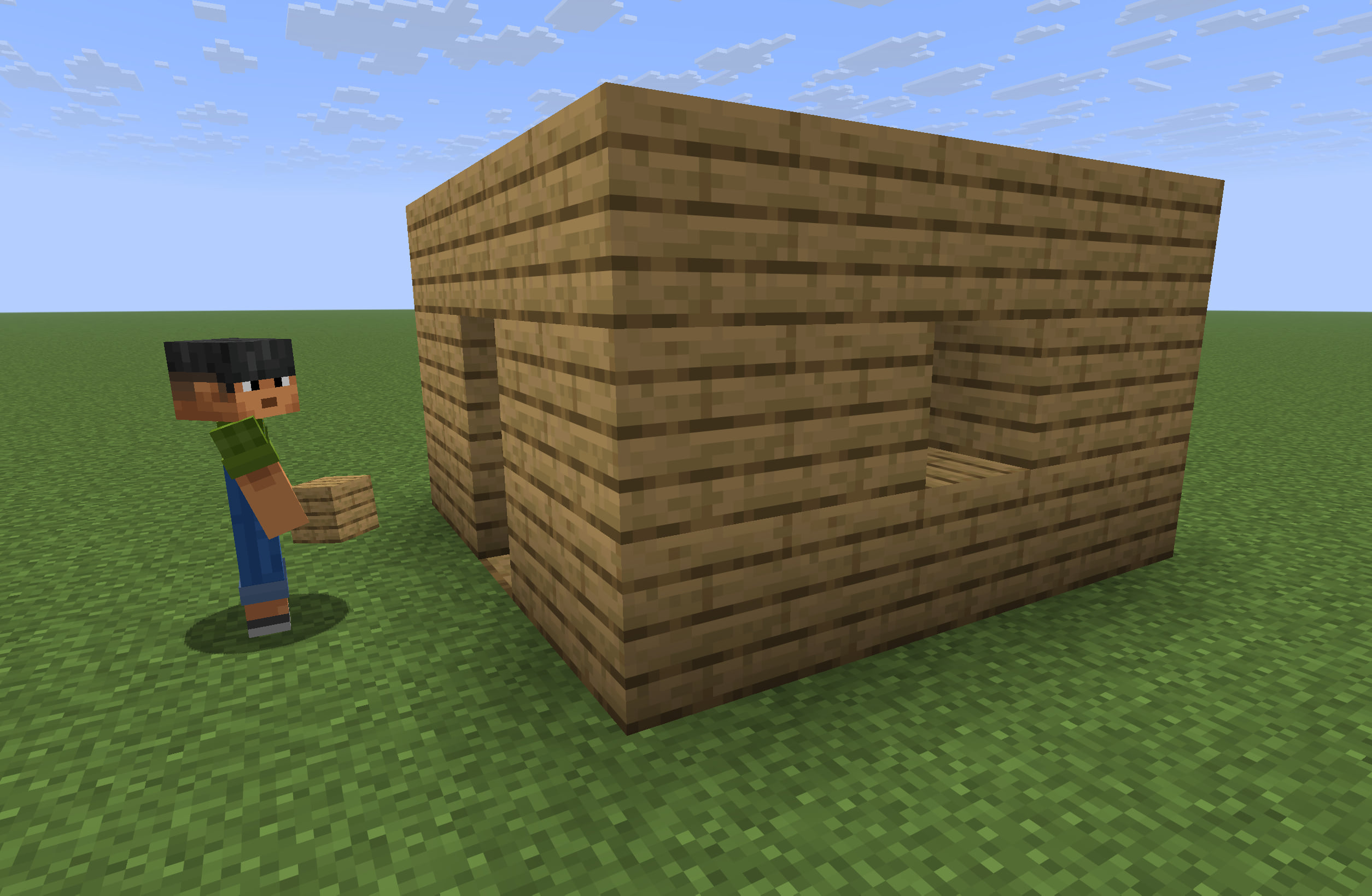 The bot beside a small oak-plank shelter with a two-block-high entrance and a one-block window.